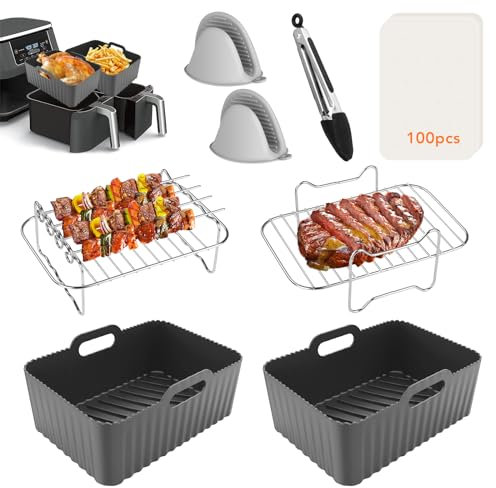 Air Fryer Accessories, Silicone Air Fryer Liner for Ninja Dual AF400UK AF500UK AF451UK Tower T17088, 8 PCS Ninja Air Fryer Accessories, Upgraded Air Fryer Liner Silicone & Dual Air Fryer Racks