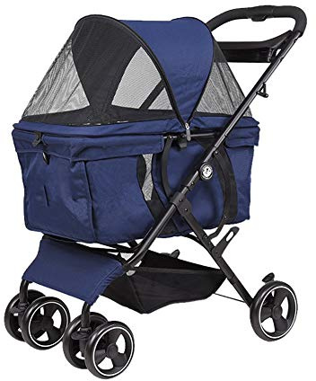 Haustierwagen mit 4 Rädern, stoßfester Kinderwagen für Katzen, Hunde, Markise, verstellbare Richtung, Zusammenklappen mit einem Klick, schnelle Installation, geeignet für Reisen (blau)
