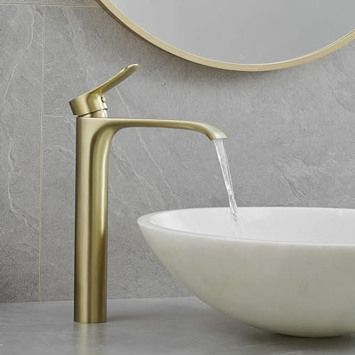 Gold Wasserhahn Bad Waschtischarmatur, Badarmatur Hoch Wasserfall Armatur für Waschbecken im Badezimmer, Messing