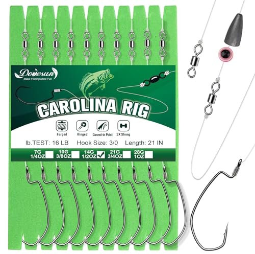 Dovesun 10 Stück Carolina Rig Kit für Bass und Wels - Free Rig Angeln Set mit Haken, Wirbel, Fluorocarbon Schnur und Gewichte
