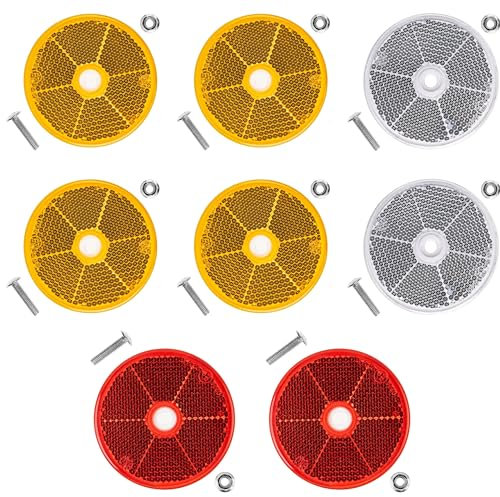 Runde Reflektoren zum Anschrauben, 8 Pack, Orange, Weiss und Rot, Ø 60 mm Durchmesser, mit E-Prüfzeichen, inkl. M5 Schrauben + Muttern, Sicherheitsreflektor für Anhänger, Katzenauge rechts links