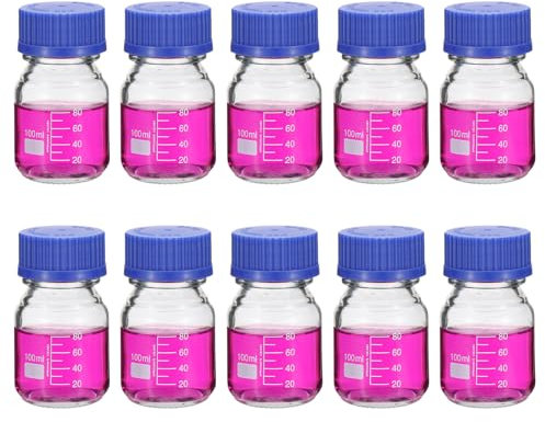 PATIKIL 10 Pack Reagent Media Storage Bottles, 100ml Borosilicate Glass Graduated Round Bottles with GL32 Blue Screw Cap for Lab Water Reagent Liquids, Clear