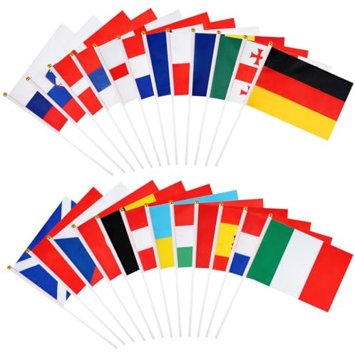 24 Stück EM Flagge Klein, 24 Länder Mini Handflaggen Euro Europameisterschaft Fußball Deko, Doppelseitige Stoff Fanartikel Flagge mit Stange für Euro Fußball 2024