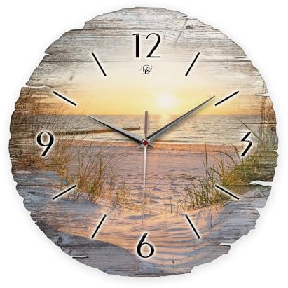 Kreative Feder Runde Wanduhr „Strand“ aus Naturholz mit flüsterleisem Uhrwerk; Durchmesser 30cm (Strand, leises Quarzuhrwerk)