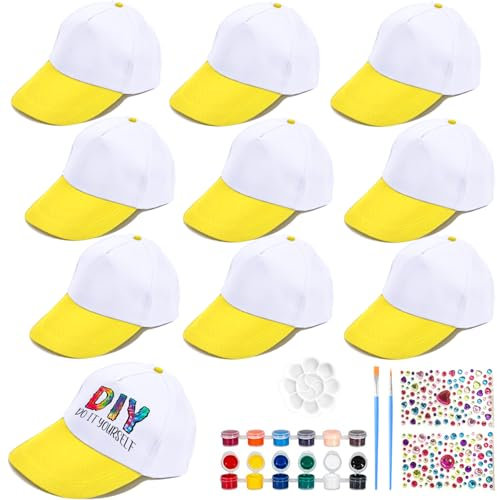 LXWINNER 10 Stück Graffiti Kappe zum Bemalen - DIY Baseballkappe mit Edelstein Aufklebern für Kinder - Weiß - Geburtstag Geschenk Mädchen 4-11 Jahre