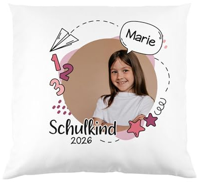 Striefchen® Personalisiertes Kissen zur Einschulung mit eigenem Foto, 40x40 cm (Rosa)