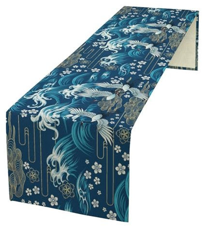 Japanischer Kranich-Tischläufer, asiatisch, orientalisch, bunt, Kirschblüten, Zweig, Wolken, Meer, für Küche, Esstisch, Hochzeit, Party, Dekoration, 33 x 228,6 cm
