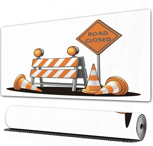EOMKSE Mouse Pad Gaming Large Desk Pad Washable Mouse Pad Laptop Desk Mat,under construction barrier with road cones,Home Mouse Pad with Anti-Slip Rubber Base,16x35.5 in