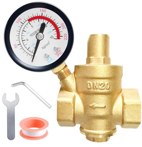 WIYETY DN20 Riduttore di pressione acqua: 3/4 pollici ottone riduttore di pressione dell'acqua con manometro e strumenti di regolazione, regolatore di pressione da 1,6 MPa in ottone, misuratore di