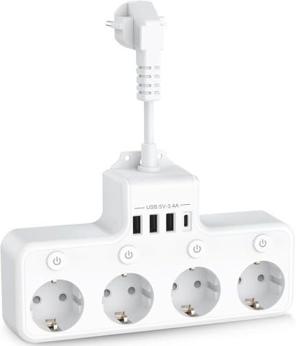 Regletas Enchufes con Interruptor Ladron Enchufes USB C Enchufe Multiple Adaptador con 4 Tomas y 4 USB, 4 Interruptor Independiente Alargador Enchufe Pared 5cm Cable Corto, Blanco