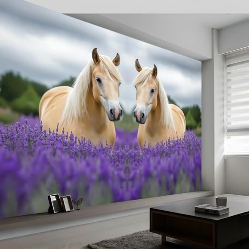 Générique Art Papier Peint Intissé Animaux Cheval Champ de Fleurs, Fleurs Violettes Papier Peint Photo 200 x 140 cm (L x H), pour Fresque Murale 54D HD pour Salon Chambre Cuisine