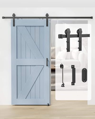 8FT Barn Door Sliding Hardware Track Kit – Black Iron Flat Track System with 2 Handles & 1 Lock Hook – Fits Doors up to 46 Wide, Supports Door Weight up to 260 lbs