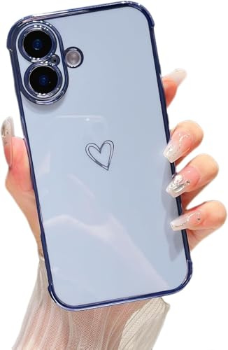 Riccase for iPhone 16 Case Girls Women Cute Love Heart Pattern Shockproof Plated Shiny Edges Protective Slim Fit Silicone Bumper Phone Case for iPhone 16, Blue
