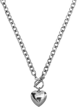 Mikovivi Chunky Heart Necklace, Heart Pendant Chain Necklace Statement Necklace Toggle Necklaces Link Necklaces Chunky Jewelry Necklace Jewelry Gifts for Women (Silver)