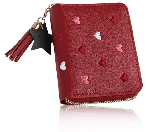 Hioip Petit Portefeuille Femme, Porte Monnaie en Cuir PU Fermeture Eclaire, Porte Feuille et Porte Carte avec Blocage RFID pour Filles et Garçons (Vin Rouge)