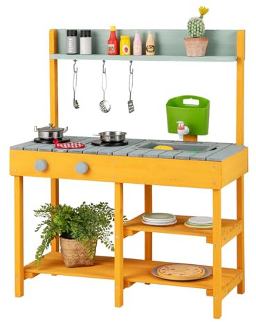 COSTWAY Matschküche Kinder Outdoor, Kinderküche Holz mit Wasserfunktion, Spielküche mit Haken & abnehmbarem Regal, Gartenküche Geschenke für Kinder ab 3 Jahren (Modell 2-Orange)