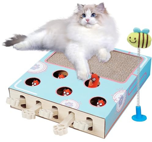 Interactive Cat Toys,3 in 1 Wooden Interactive Kitten Whack Mole Puzzle Pet Toy,Funny Cat Scratching Board Corrugated Cardboard Toy for Indoor Exercise and Fun Cats Solid Wood Toys