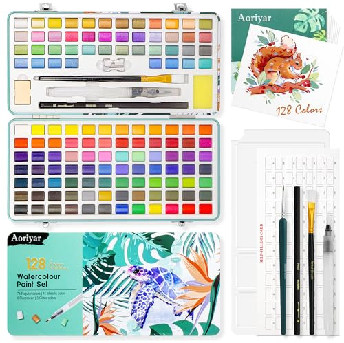 Aoriyar Watercolour Paint Set 128 Colours with Palette - Professional Watercolour Paints Sets for Kids, Adults, Artists - Portable Metallic Mini Box with Brushes and Watercolour Pens