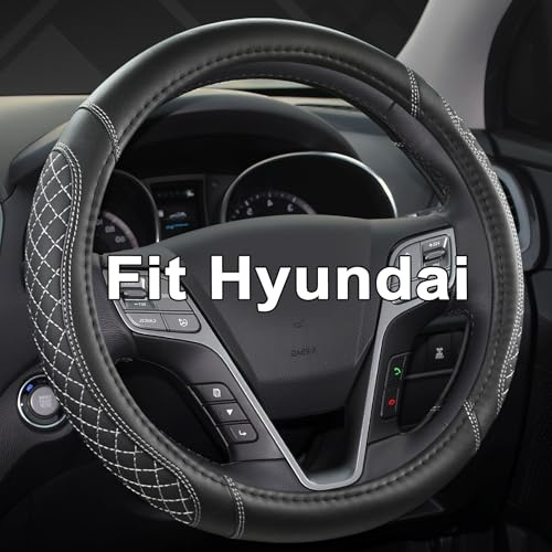 GIANT PANDA Leder Auto Lenkradbezug für Hyundai Tucson,Santa Fe,Kona (Diamantquilt-Schwarz+Grau-M)