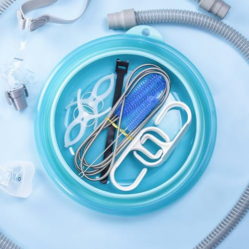 CPAP Reinigungsset (Spülschüssel Faltbar×1/ CPAP Reinigungsbürste×2/ CPAP Haken×2), für Reinigung und Pflege bei Schlafapnoe, für Maske/Schlauch/Gerät/Zubehör, Spezielle Werkzeuge CPAP-Reinigung