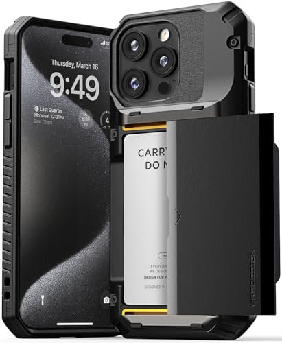 VRS DESIGN Handyhülle kompatibel mit iPhone 15 Pro Max 2023, mit Kartenfach (Damda Glide Pro), robustes Semi-Auto-Fach für bis zu 4 Karten, hohe Haltbarkeit, stilvolles Design, Schwarz (Logo Black)