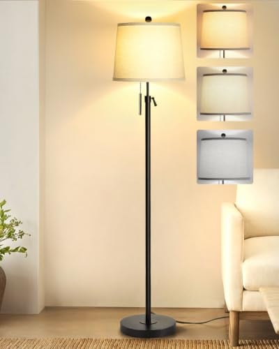 Qingmiao Stehlampe Wohnzimmer - Schwarz Modern Stehleuchte Standleuchte | 140-165cm höhenverstellbare Leselampe mit Leinen-Lampenschirm, 3 Farbtemperatur,E27 Fassung, (9W Glühbirne inklusive)