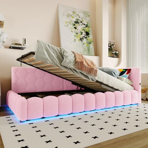 PUGSDRLY Canapé Lit 90x200cm avec Port USB,type C et Lumière LED 16 couleurs,canapé lit 1 places convertible avec Rangement hydraulique,sommier à lattes,imitation polaire,sans Matelas (Rose, 90x200cm)