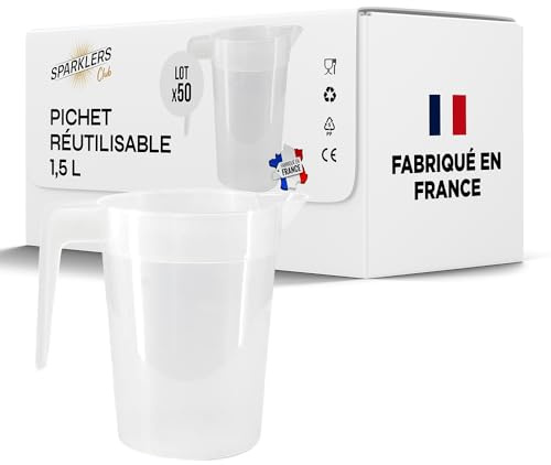 SPARKLERS CLUB Lot de 20 Pichets Réutilisables 1,5L en PP Alimentaire - Haute Résistance, Empilables, Compatibles Lave-Vaisselle (150 Lavages) - Parfait pour Événements et Collectivités