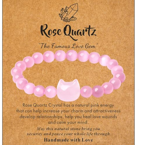Sahoottie 8mm Kristalle Katzen Armband Rosenquarz Armband Damen Naturstein Perlenarmband Damen Katze Schmuck Cute Katzen Geschenke Glück Kawaii Katze Deko