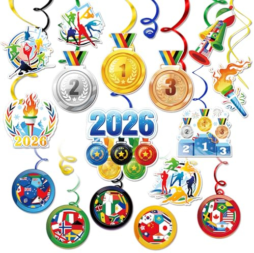 DPKOW 30pcs 2026 Sports d'hiver Décorations Tourbillons Serpentins, 2026 Sports d'hiver Spirale à Suspendre Décorations de Médaille Torche Pays Drapeau