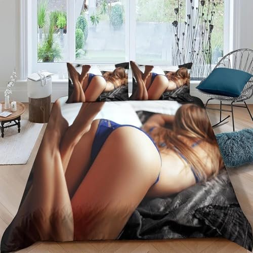 Sexy Bettwäsche 135x200 Schöne Frauen Bettwäsche-Sets für Mädchen Jungen Kinder Weiche Mikrofaser 3D Drucken Bettbezug mit Reißveschluss und 2 Kissenbezüge B-737