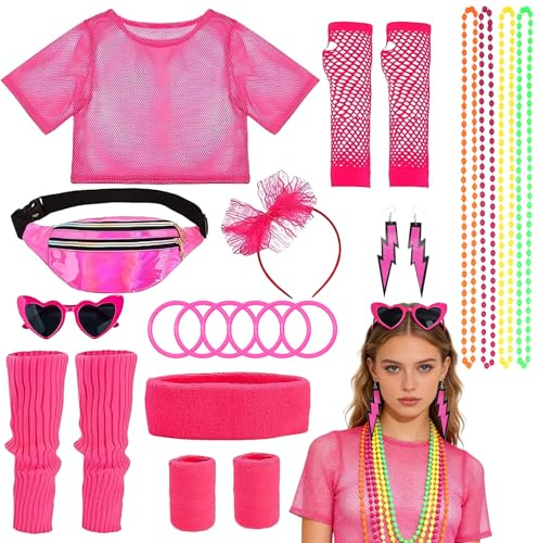 Forbabe 80er Jahre Outfit Damen 23 Stück Kostüm Damen Accessoires | T-Shirt Haarreif Stirnband Gürteltasche Brille Ohrring Damen Geburtstag Geeignet Party Karneval Cosplay