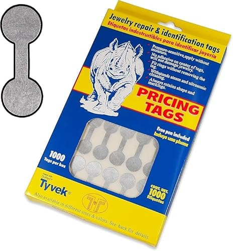 Rhino Professional Jewelry Repair and Identification Pricing Tags, 1000 Count Dumbbell Labels with Free Pen, Pressure-Sensitive Application, Steam and Ultrasonic Cleaning Resistant (Silver)