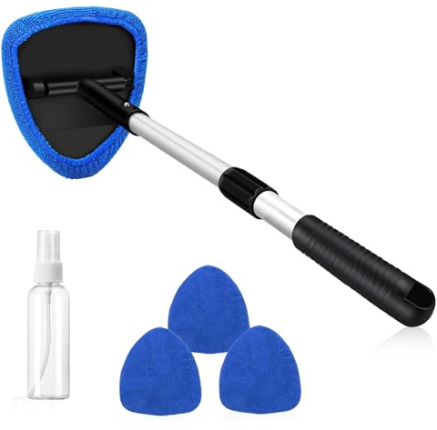 WENJION 5 Pcs Car Window Cleaner Kit, Auto Windscreen Cleaning Tool with 3 Reusable Microfiber Pads, Detachable Handle, Extendable Design, Windshield Wiper for Inside Glass Cleaning (Blue)