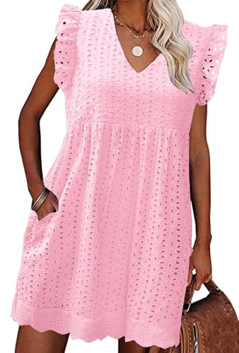PASUDA Robe Femme Ete Chic Robe Courte avec Poches Robe Boheme Coton en Dentelle Jacquard Col en V Ample Robe Swing D 'été Robe de Plage Décontracté à Manches à Volants (Rose Clair, XL)