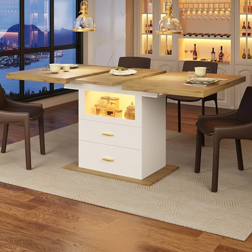 Gxffipw Esstisch Ausziehbar Küchentisch mit Schubladen und LED Licht für 4-6 Personen, Esszimmertische mit Stauraum, Esszimmertisch Ausziehbar Esszimmermöbel, Holzfarbe+Weiß, 110-140x80x75 cm
