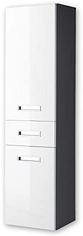 MANHATTAN Badezimmer Hochschrank hängend in Weiß Hochglanz, Grau - Badezimmerschrank Bad Schrank mit viel Stauraum - 38 x 150 x 31 cm (B/H/T)