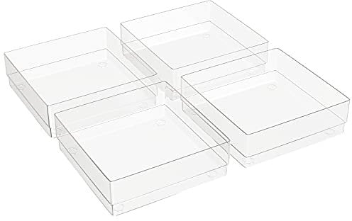 Gatton Design Desk Drawer Organiser Clear Plastic Trays | Set of 4 | Storage Organizer & Dividers | Organise Makeup, Toiletries & Stationary | Anti-Slip Feet & Stackable | (6x6x2in/15.2x15.2x5.1cm)