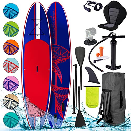 BRAST SUP Board Shark | Aufblasbares Stand up Paddle Set | 320x81x15cm | 8 Designs | 5 Jahre Garantie | inkl. Sonderzubehör | 2in1 Paddel Kajak-Sitz Action-Cam-Halterung Fußschlaufe Pumpe Rucksack