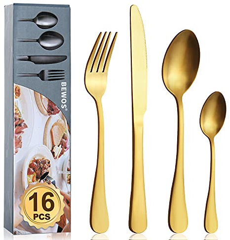 Cutlery Set, BEWOS 16-Piece Stainless Steel Matt Gold Flatware Set, Tableware Silverware Set with Spoon Knife and Fork Set, Service for 4, Dishwasher Safe/Easy Clean