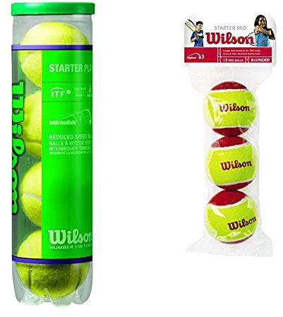Wilson Tennisbälle Starter Play Green für Kinder und Jugendliche, Gelb, 4er Dose, WRT137400 & Tennisbälle Starter Red für Kinder, gelb/rot, 3er Pack, WRT137001