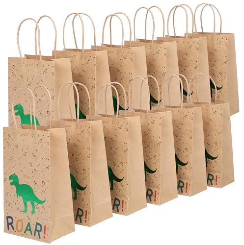 BELLE VOUS 24 Pack Paper Dinosaur Birthday Party Bags with Handle - Kids Dino Themed Pattern Party Favour, Goodie, Gift, Candy & Treat Loot Bag - Boys & Girls Baby Shower & Children Party Supplies