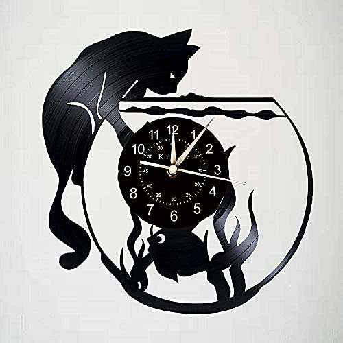 Smotly Vinyl Wanduhr, geschnitzt mit Katze und Fisch Wanddekorationen, EIN Geschenk für Fisch Enthusiasten. (Geschenk: Hook+Gift Bag)