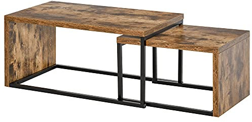 HOMCOM Nesting Coffee Table Set of 2, Industrial Stacking Side End Tables with Metal Frame for Living Room, Bedroom, Rustic Brown
