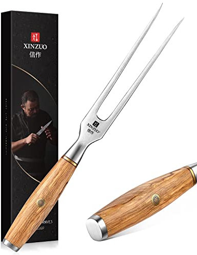 XINZUO 29.7cm Fleischgabel Tranchiergabel 430 Edelstahl, Serviergabel Steakgabel professioneller multifunktionales Grillgabel Bratengabel Kochgabel -mit Olivenholz Griff -exquisite Geschenkbox