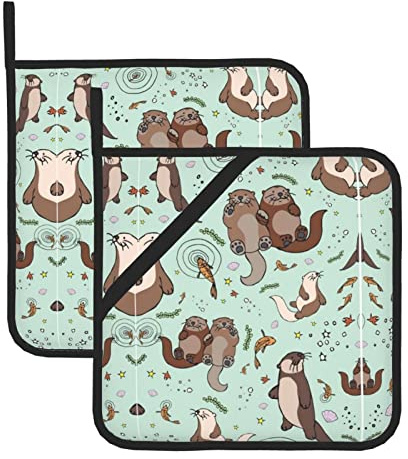 Cartoon niedlicher Otter quadratischer isolierter Topflappen: >> 20,3 x 20,3 cm (zweiteiliges Set), dick und langlebig, Verbrühungsschutz.
