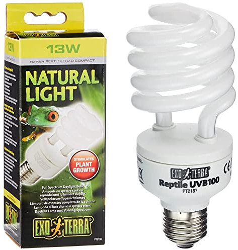 Exo Terra Natural Light, Vollspektrum-Tageslichtlampe, 13W, Fassung E27 & Reptile UVB 100, Tropische Terrarienlampe, Kompakte UVB Lampe fuer tropische und subtropische Reptilien, 13W, Fassung E27