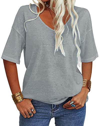 Tankaneo Women V Neck Short Sleeve T Shirt Casual Loose Basic Summer Tops Half Sleeve Oversized Tunic Tee Grey