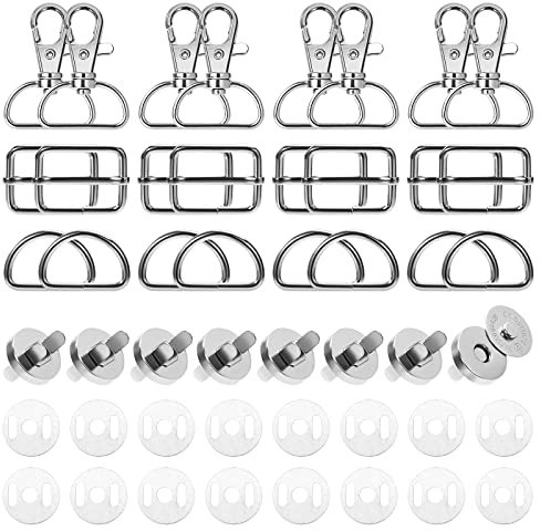 Berkelen Drehbare Karabinerhaken Metall Schlüsselanhänger Karabiner D-Ringe Triglide-Schiebeschnalle und Magnetknöpfe Hardware Schnallen Set für Taschen, Rucksack DIY Zubehör 32 Stück Silber