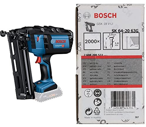 Bosch Professional 18V System Akku-Nagler GNH 18V-64 (max. Nagel-Ø 1,6 mm, Nagellänge 64 mm, ohne Akkus und Ladegerät, im Karton), Blue + 2000x Senkkopf-Stift SK64 20G, 63 mm